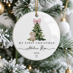 Personalised My First Christmas Pink Blue Plaid Bow Ceramic Ornament with Name and Year Tree Decor Baby First Christmas Gift for Baby Boy Girl