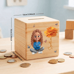 Personlig, söt sparbössa i trä med 3D-effekt, tecknad flicka och födelsedagsblomma – med namn, perfekt som födelsedags- eller barnens dag-present till flickor 7