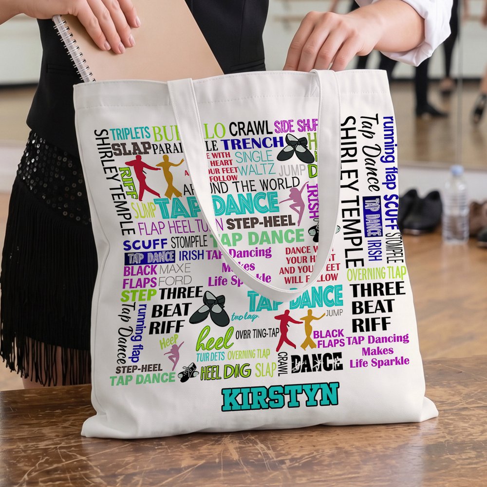 Personalised Colourful Print Tap Dance Word Cloud Large Capacity Canvas Tote Bag with Name Birthday Recital Gift for Tap Dancers Teachers 4