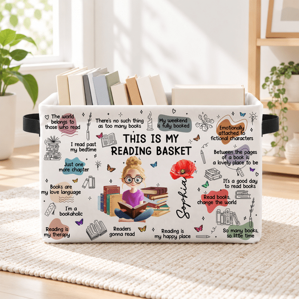 Cesta de almacenamiento personalizada «This Is My Reading Basket» con la flor del mes de nacimiento y un personaje de dibujos animados, con nombre y asa. Regalo de cumpleaños o Navidad para los amante