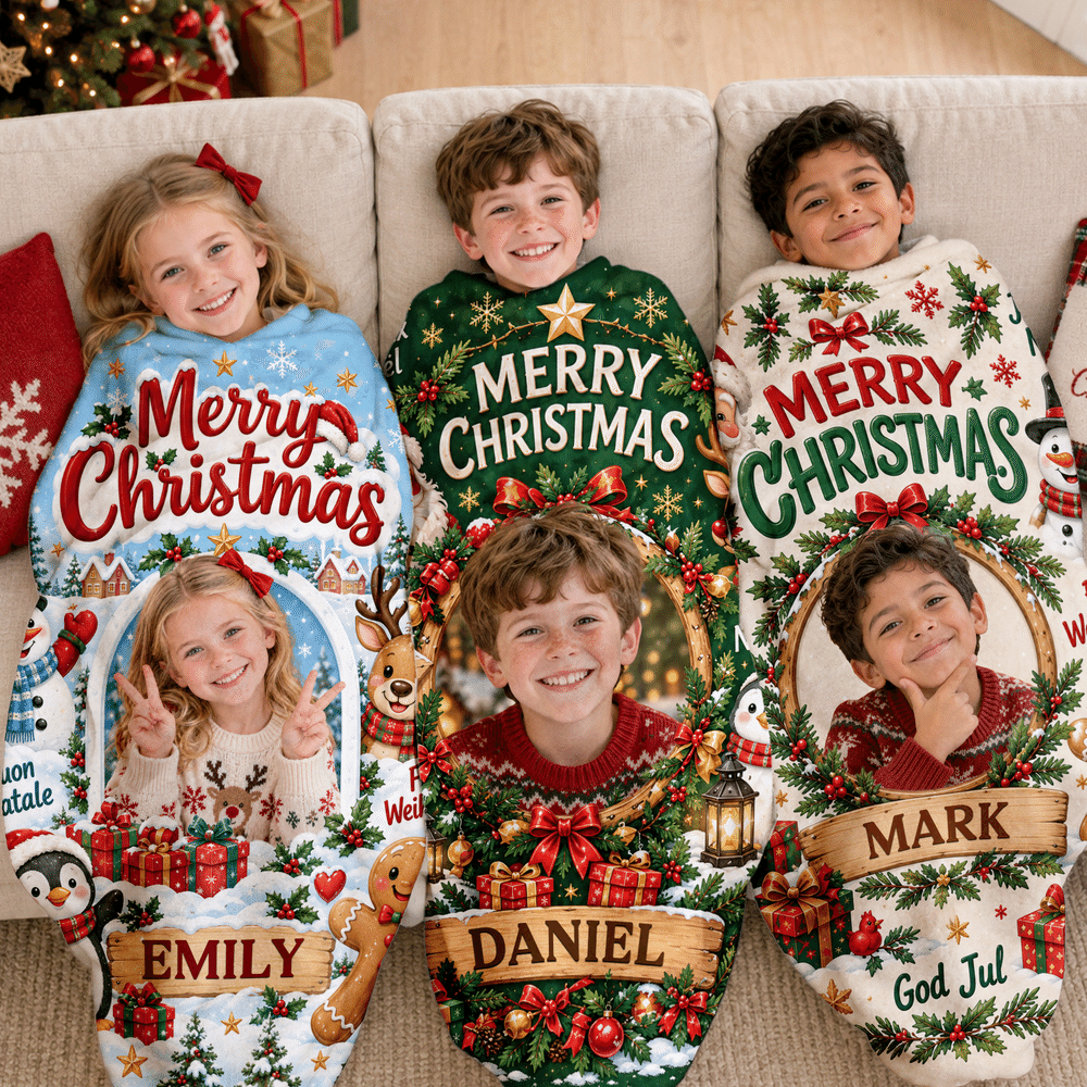 Manta suave personalizada con foto de un niño y Papá Noel, con el mensaje «Feliz Navidad» y su nombre; decoración para el hogar y regalo de Navidad para niños y amigos 4