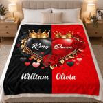 Personalised Love Theme King Queen Crown Rose Soft Throw Blanket with Name Home Decor Christmas Party Holiday Gift for Couple Husband Wife