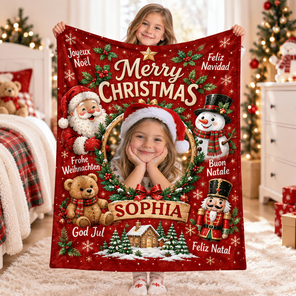 Manta suave personalizada con foto de un niño y Papá Noel, con el mensaje «Feliz Navidad» y su nombre; decoración para el hogar y regalo de Navidad para niños y amigos