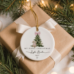 Personalised My First Christmas Pink Blue Plaid Bow Ceramic Ornament with Name and Year Tree Decor Baby First Christmas Gift for Baby Boy Girl