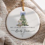 Personalised My First Christmas Pink Blue Plaid Bow Ceramic Ornament with Name and Year Tree Decor Baby First Christmas Gift for Baby Boy Girl