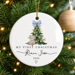 Personalised My First Christmas Pink Blue Plaid Bow Ceramic Ornament with Name and Year Tree Decor Baby First Christmas Gift for Baby Boy Girl