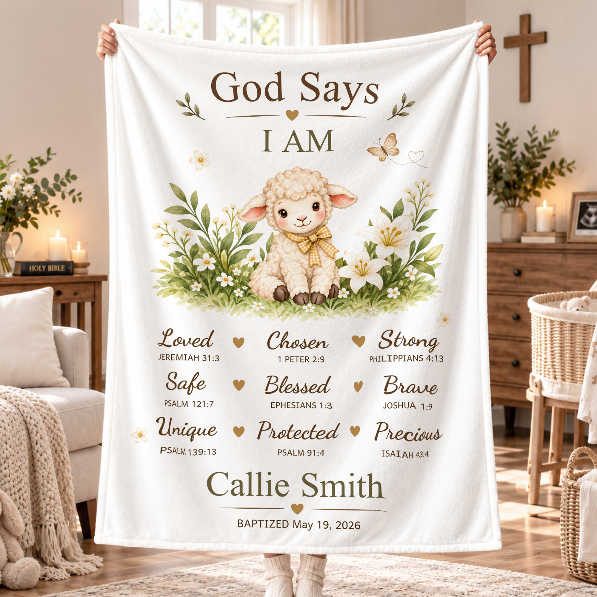 Personalisierte, weiche und kuschelige Decke mit christlichen Segenssprüchen von Lily Lamb, mit Namen und Datum – Raumdekoration, Geschenk zur Babyparty, zur Taufe, für Kinder und Neugeborene