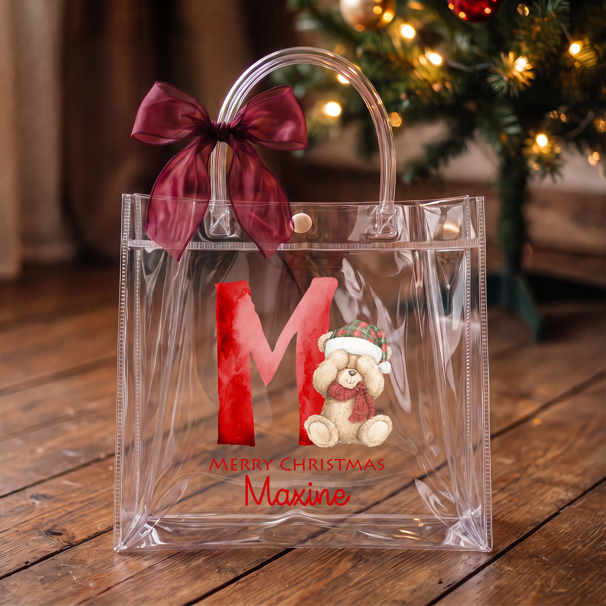 Personalisierte transparente Geschenktüte mit Teddybär und Namensinitialen sowie Schleife – Weihnachts- und Geburtstagsgeschenk für Kinder