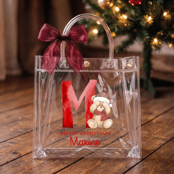 Personalised Christmas Teddy Bear Initial Name Trasparent Gift Bag with Ribbon Christmas Birthday Gift for Kids