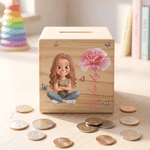 Personlig, söt sparbössa i trä med 3D-effekt, tecknad flicka och födelsedagsblomma – med namn, perfekt som födelsedags- eller barnens dag-present till flickor 5