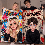 Personalized Graffiti-Style Photo Cartoon Character Soft Throw Blanket with Name Home Decor Birthday Anniversary Gift for Family Friends Teens