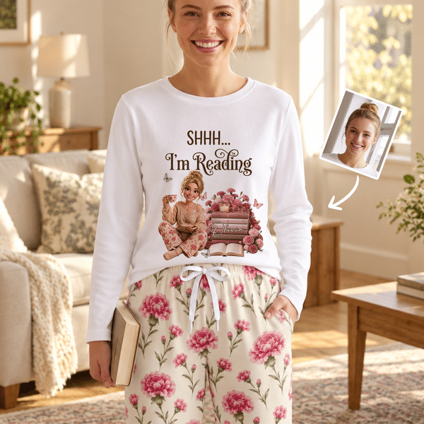 Personalised 3D-Effect Artwork Birth Flower Photo Soft Long or Short-Sleeve Pyjama Set with Name Home Wear Birthday Gift for Woman Bookworm