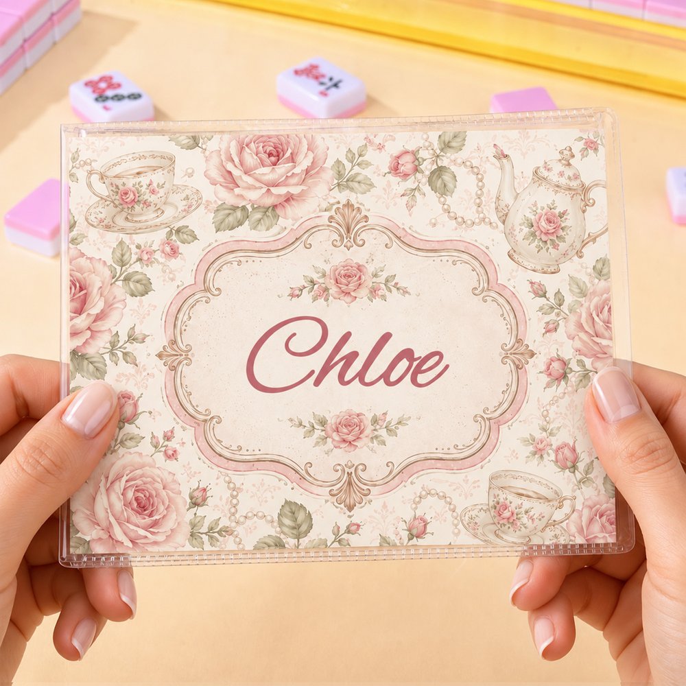 Personalized Retro Floral Orange Cherry Striped Portable Tri-Folded Mahjong Card Cover with Name Club Game Night for Mahjong Lovers 6