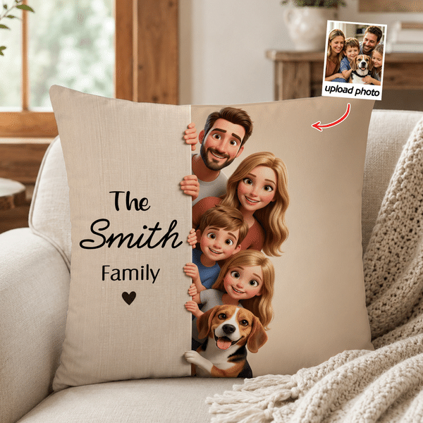 Personalised 3D-Style Visual Effect Cute Cartoon Character Photo Soft Cushion Cover with Text Home Decor Anniversary Gift for Family Friends