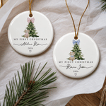 Personalised My First Christmas Pink Blue Plaid Bow Ceramic Ornament with Name and Year Tree Decor Baby First Christmas Gift for Baby Boy Girl