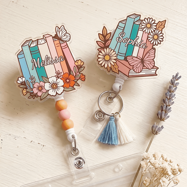 Personalised Vintage Book Floral Butterfly Retractable Badge Reel with Name Back to School Teacher Appreciation Gift for Teachers Book Lovers