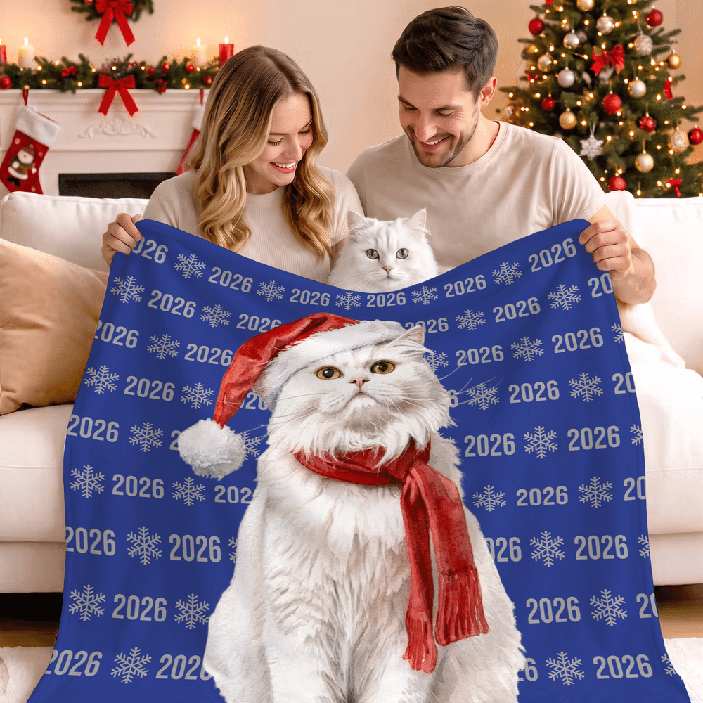 Manta suave personalizada con foto de dibujos animados navideños, texto y año; decoración para el hogar y regalo de Navidad para la familia o la pareja 3