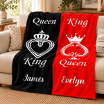 Personalised Love Theme King Queen Crown Rose Soft Throw Blanket with Name Home Decor Christmas Party Holiday Gift for Couple Husband Wife