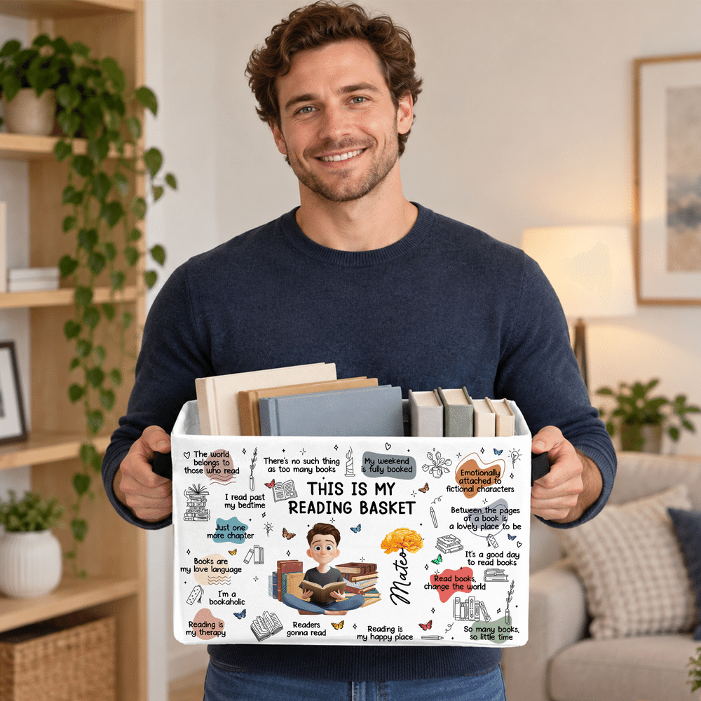 Cesta de almacenamiento personalizada «This Is My Reading Basket» con la flor del mes de nacimiento y un personaje de dibujos animados, con nombre y asa. Regalo de cumpleaños o Navidad para los amante 5