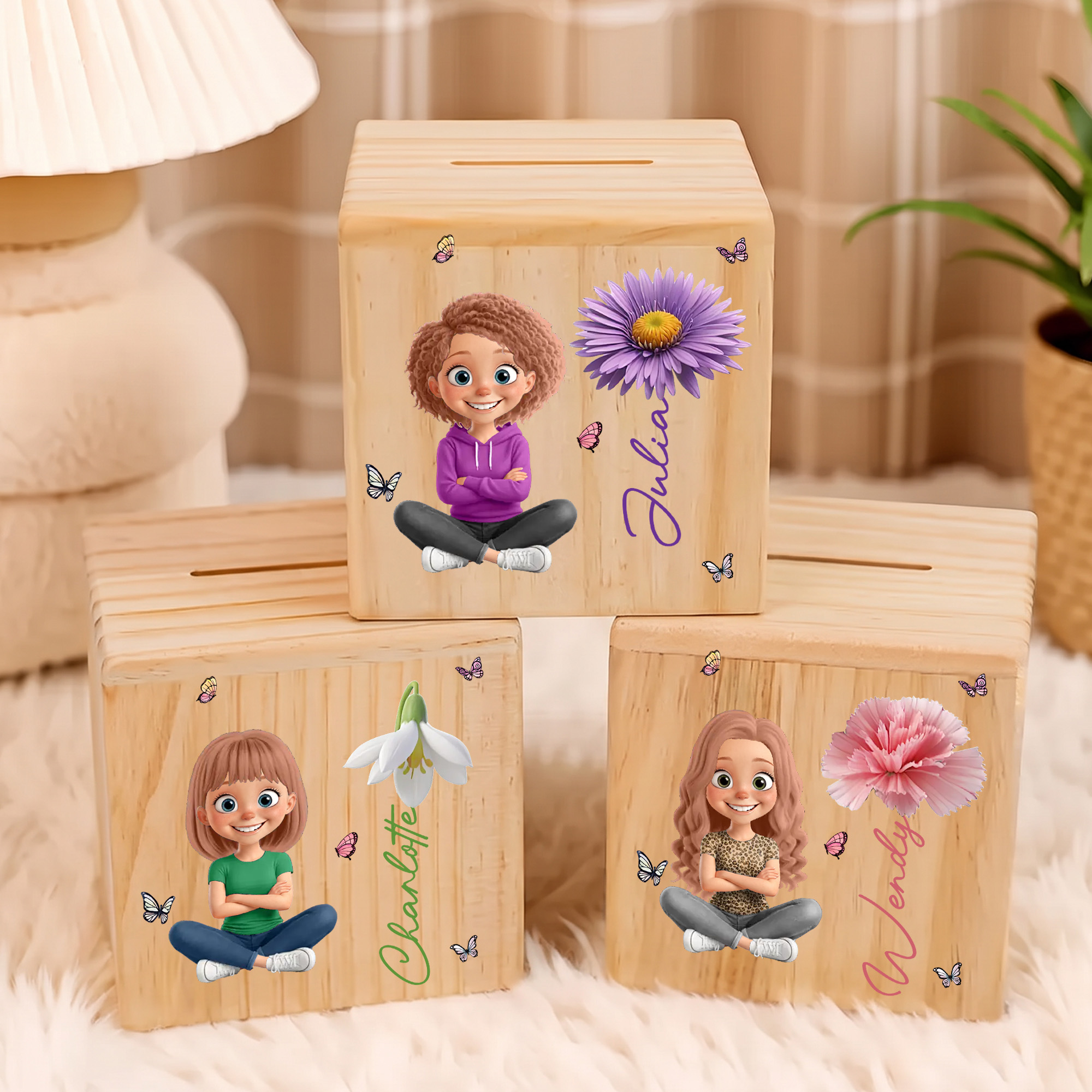 Personalisierte, niedliche Holzspardose im 3D-Look mit Cartoon-Mädchen-Motiv, Geburtsblume und Namen – Geschenk zum Geburtstag oder Kindertag für Mädchen
