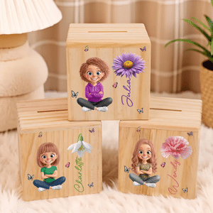 Salvadanaio in legno personalizzato con disegno carino in stile cartone animato, effetto 3D, con il fiore del mese di nascita e il nome: regalo per il compleanno o la Festa dei Bambini per bambine