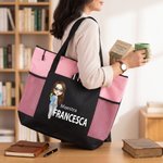 Borsa tote capiente e pratica personalizzata con nome e personaggio animato, con tasca a rete - Regalo speciale di ritorno a scuola per insegnanti