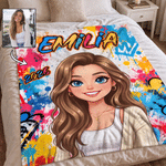 Personalized Graffiti-Style Photo Cartoon Character Soft Throw Blanket with Name Home Decor Birthday Anniversary Gift for Family Friends Teens