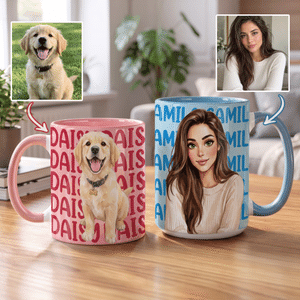 Personalised Watercolor Cartoon Character Photo 11 oz 15 oz Ceramic Mug with Name Birthday Christmas Holiday Gift for Pet Lovers Family Friends