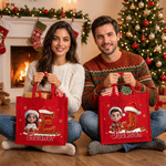 Personalized 3D-Effect Artwork Cartoon Character Photo Red Jute Tote Bag with Name and Initial Christmas Gift for Family Kids