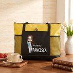 Borsa tote capiente e pratica personalizzata con nome e personaggio animato, con tasca a rete - Regalo speciale di ritorno a scuola per insegnanti