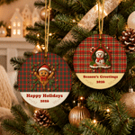 Personalized Christmas Red Green Plaid Zipper Santa Snowman Round Ceramic Ornament with Text and Year Tree Decor Christmas Gift for Family Kids