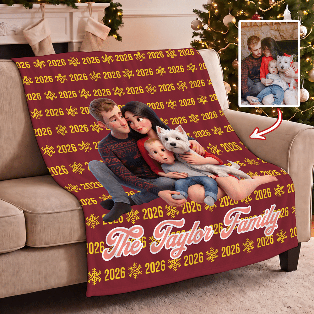 Manta suave personalizada con foto de dibujos animados navideños, texto y año; decoración para el hogar y regalo de Navidad para la familia o la pareja 2