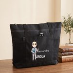 Borsa tote capiente e pratica personalizzata con nome e personaggio animato, con tasca a rete - Regalo speciale di ritorno a scuola per insegnanti