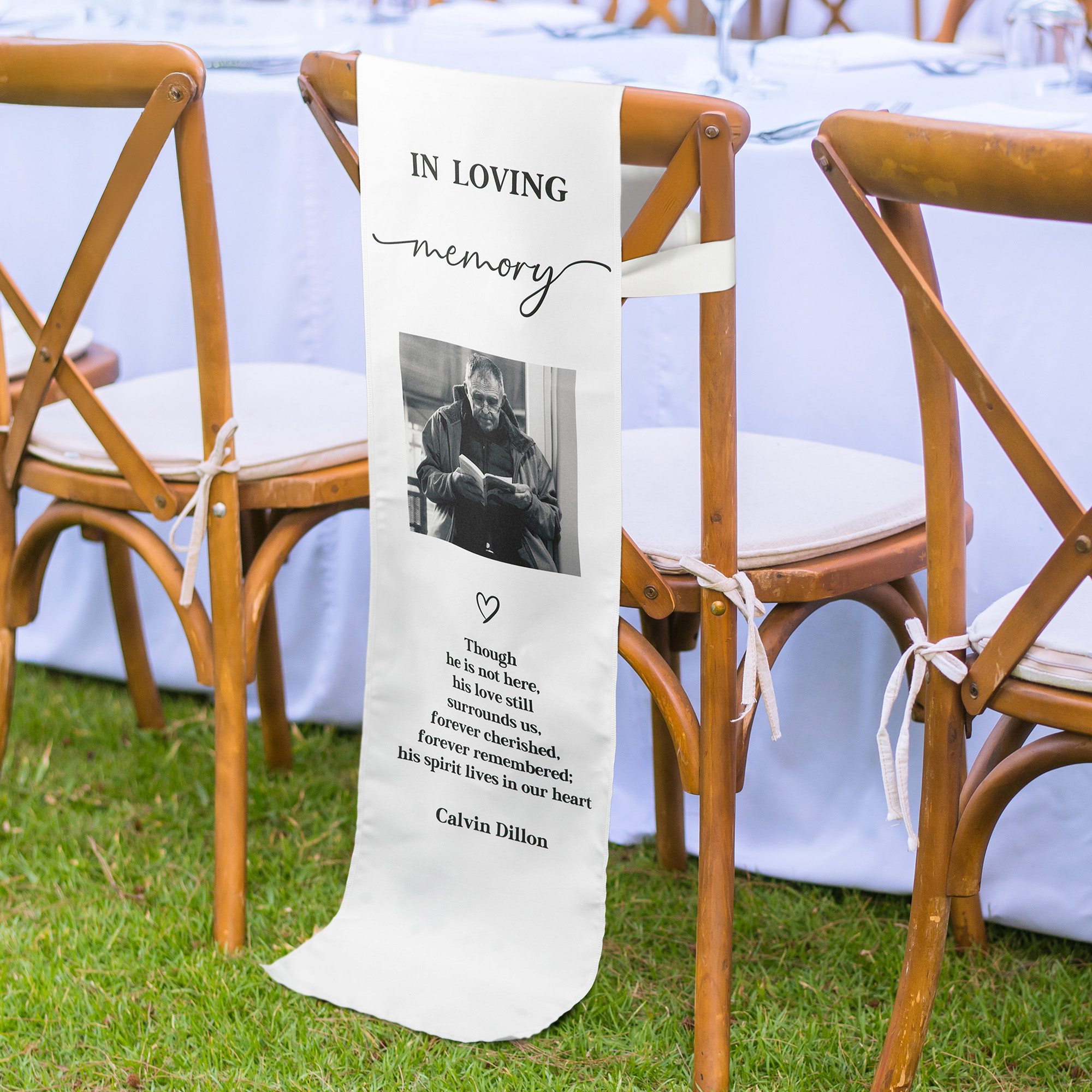 Personalised Wedding Memorial Chair Sign Fabric with Photo Name and Text In Loving Memory Thoughtful Keepsake Gift for Newlyweds