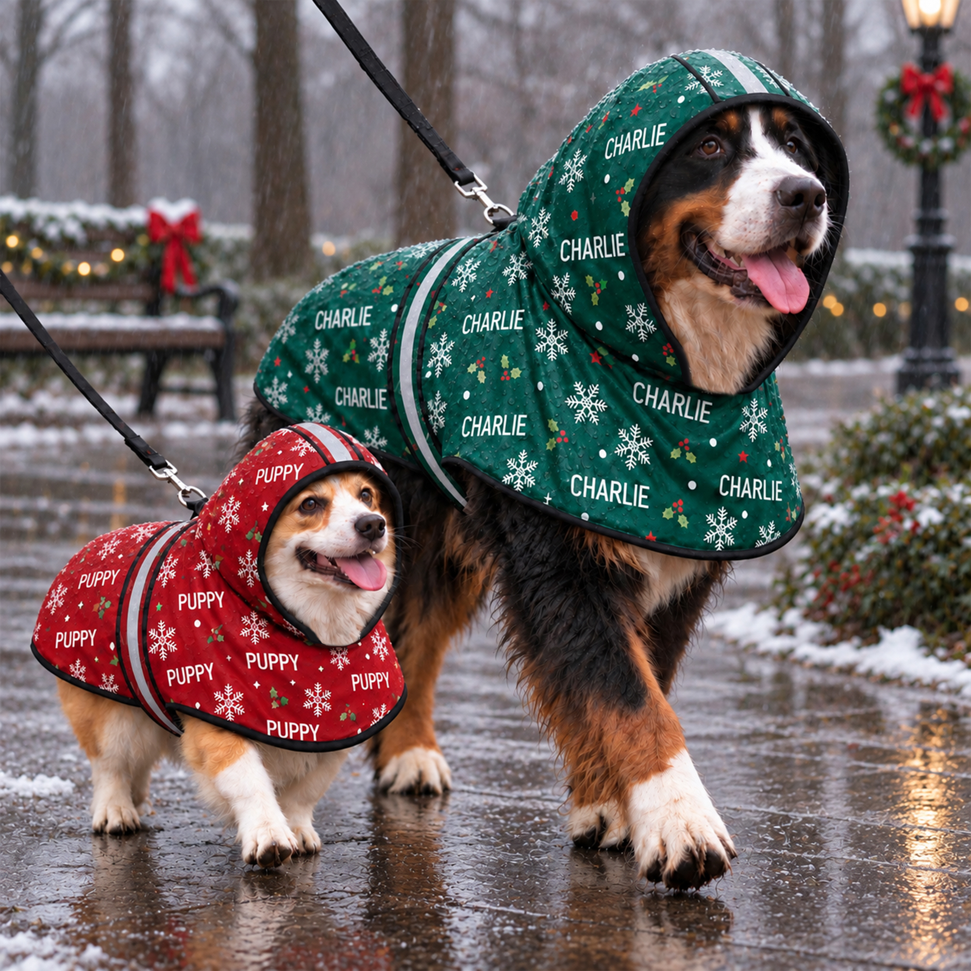 Personalised Snowflake Holly Waterproof Dog Hooded Raincoat with Name and Reflective Stripe Outdoor Essential Christmas Gift for Pet Owners