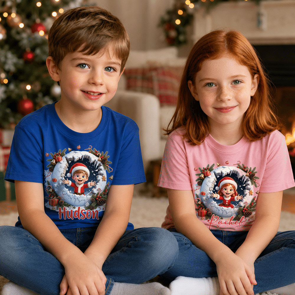 Personalised 3D-Effect Artwork Christmas Theme Photo T-shirt with Name Daily Wear Christmas Gift for Kids Friends Family 2