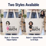 Personalized Cartoon Teacher Large Corduroy Tote Bag with Text and Subject Teacher's Day Birthday Back to School Gift for Teacher