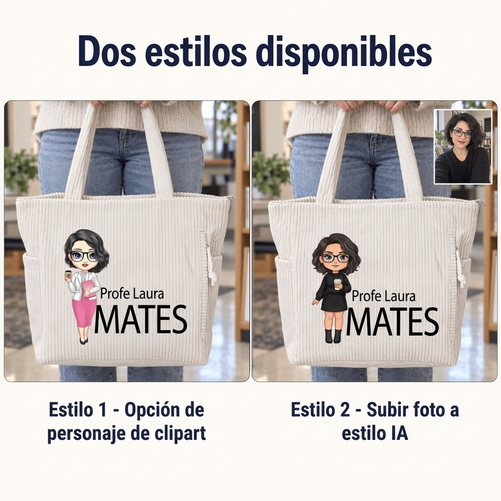 Bolso tote grande de pana personalizado con personaje animado nombre y asignatura regalo ideal de fin de curso y vuelta al cole para profesores 2