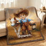 Personalised Horse Western Cowboy Style Cartoon Character Tassel Soft Throw Blanket with Name Home Decor Birthday Gift for Kid
