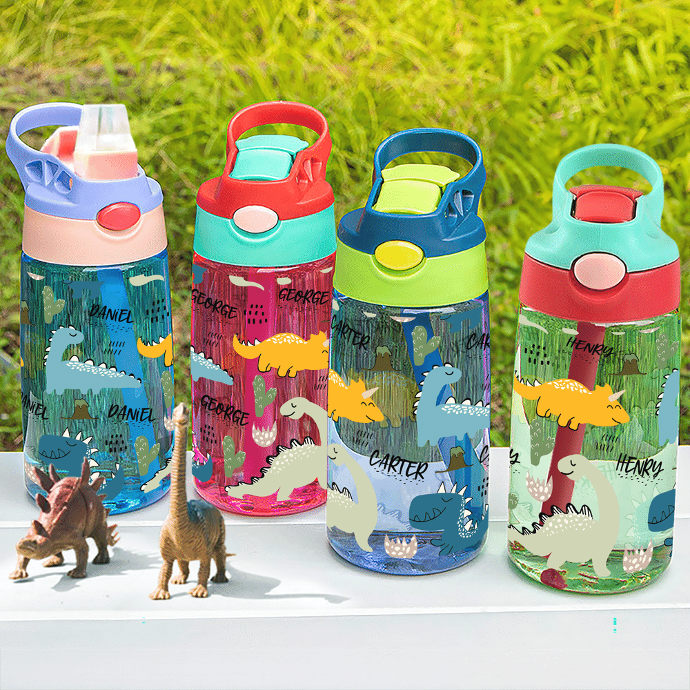 Botella de agua personalizada con nombre de dinosaurio de dibujos animados de 17 oz con pajita y tapa antiderrame Regalo de cumpleaños de vuelta al cole para niños y niñas 1