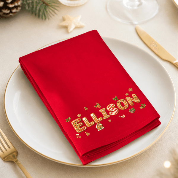 Personalised Gingerbread Christmas Biscuit Pattern 100% Cotton Reusable Red Napkin with Name Table Decor Christmas Gift for Family Friend