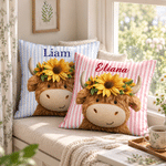 Personalised 3D-Effect Artwork Sunflower Highland Cow Striped Soft Cushion Cover with Name Birthday Gift for Kids Highland Cow Lovers