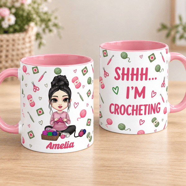 Personalised Cartoon Knitted Character Yarn Crochet 11 oz 15 oz Ceramic Mug with Name Daily Use Christmas Birthday Gift for Knitting Lovers