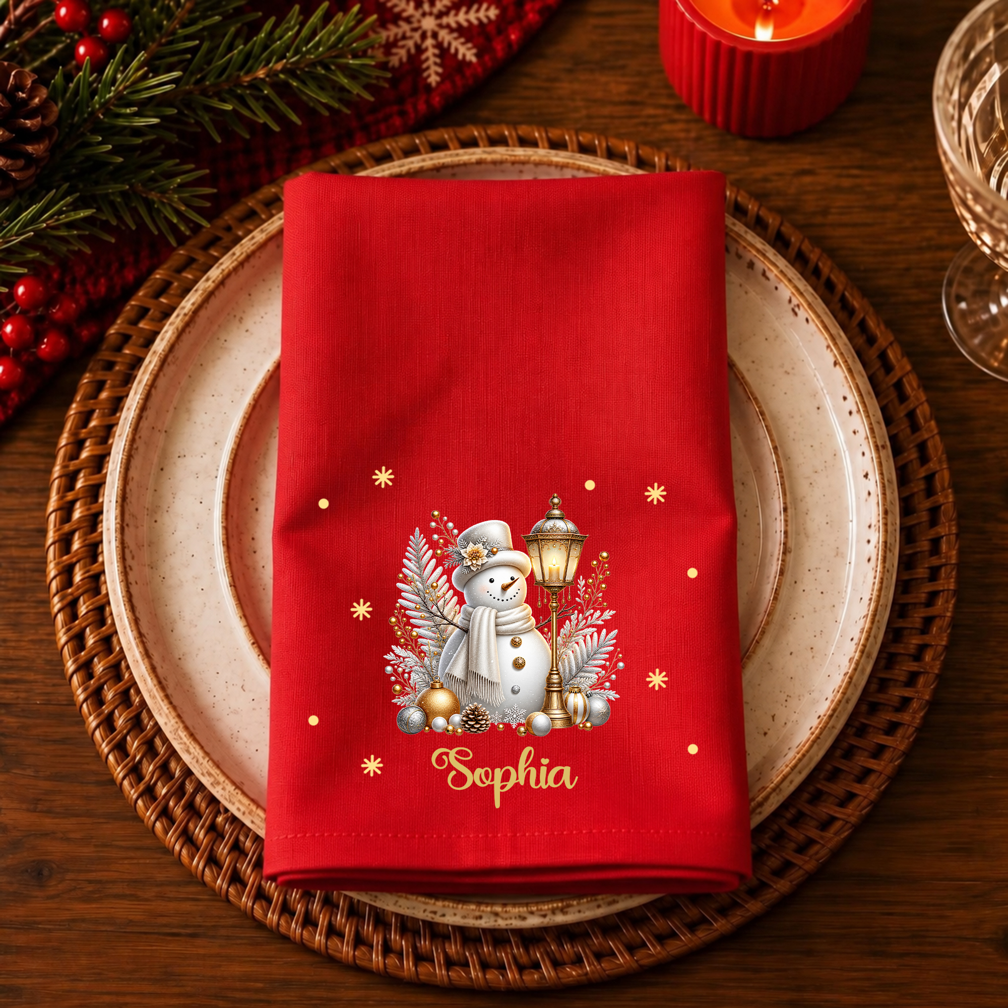 Individuell gestaltete Weihnachts-Serviette mit Schneemann- und Schneeflocken-Motiv aus 100 % Baumwolle, saugfähig, mit Namen – Weihnachtsgeschenk für Familie und Freunde