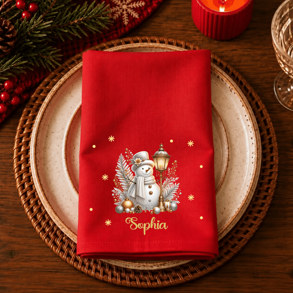 Servilleta de algodón 100 % de secado rápido, con diseño personalizado de muñeco de nieve y copos de nieve al estilo de dibujos animados, con nombre, ideal como regalo de Navidad para familiares y ami