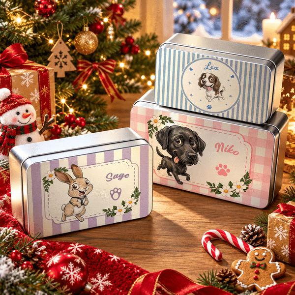 Personalised  Multicolour Cartoon Pet Photo Footprint Tin Storage Box with Name Christmas Gift for Pet Owner