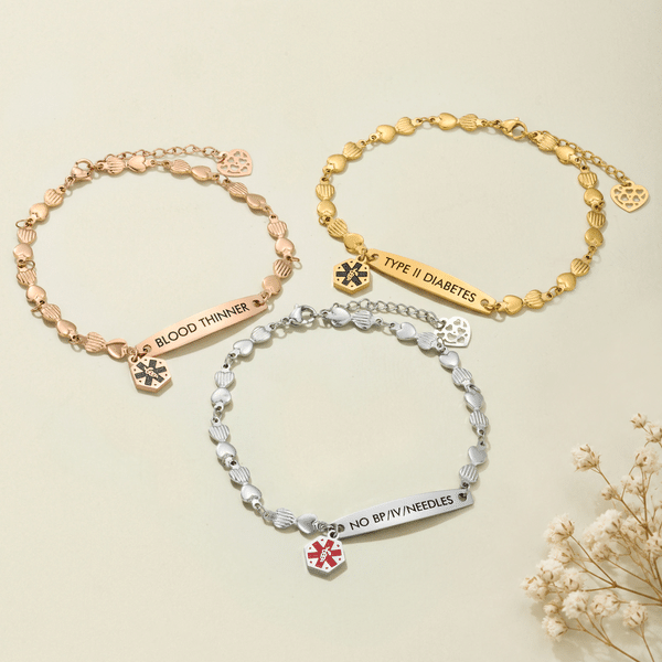 Personalized Exquisite Heart Chain Adjustable Medical Alert ID Bracelet with Engraved Emergency Information Birthday Gift for Women