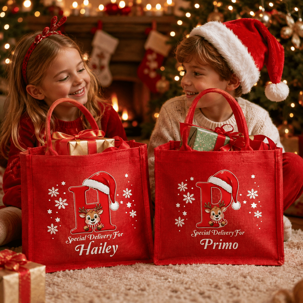 Bolso de lino rojo ecológico con diseño personalizado de renos navideños, con nombre e iniciales; ideal para el uso diario y como regalo para fiestas navideñas para familiares y amigos 4