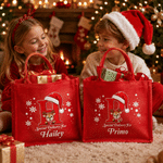 Bolso de lino rojo ecológico con diseño personalizado de renos navideños, con nombre e iniciales; ideal para el uso diario y como regalo para fiestas navideñas para familiares y amigos 4