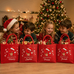 Bolso de lino rojo ecológico con diseño personalizado de renos navideños, con nombre e iniciales; ideal para el uso diario y como regalo para fiestas navideñas para familiares y amigos 6